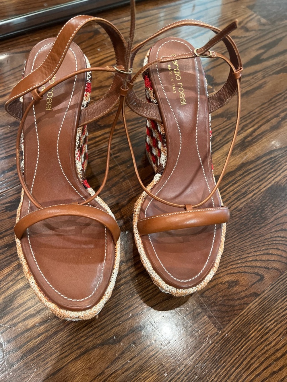 Sergio Rossi Tan Leather Espadrille Tie-Ankle Sandals